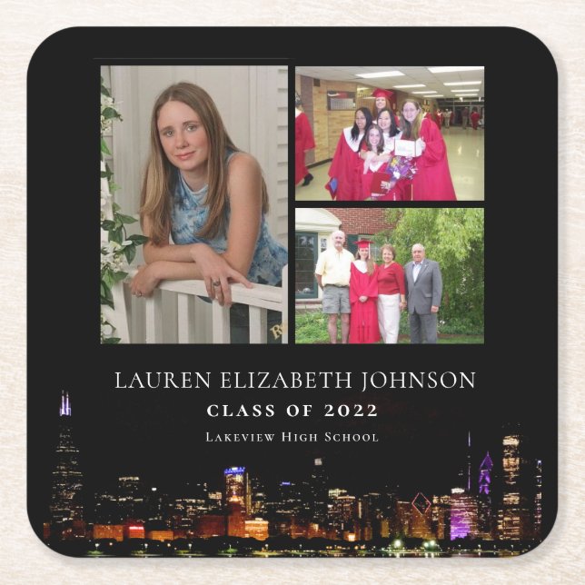 Modern Chicago Skyline 3 Photo Collage Studenten Underlägg Papper Kvadrat (Framsidan)