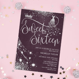 Modern Chick Burgundy Silver Glitter Sweet 16 Inbjudningar