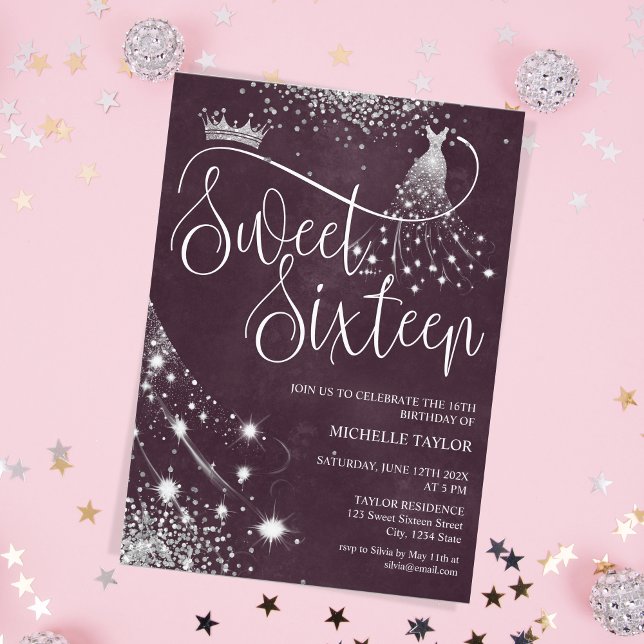Modern Chick Burgundy Silver Glitter Sweet 16 Inbjudningar (Skapare uppladdad)