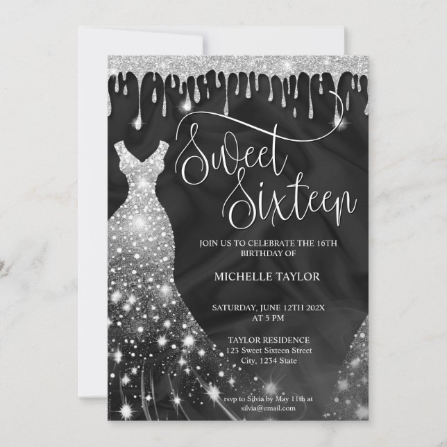Modern Chick Silver Glitter Sweet 16 Inbjudningar (Framsida)