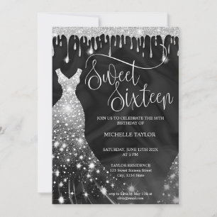 Modern Chick Silver Glitter Sweet 16 Inbjudningar