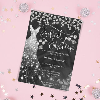 Modern Chick Silver Glitter Sweet 16 Inbjudningar