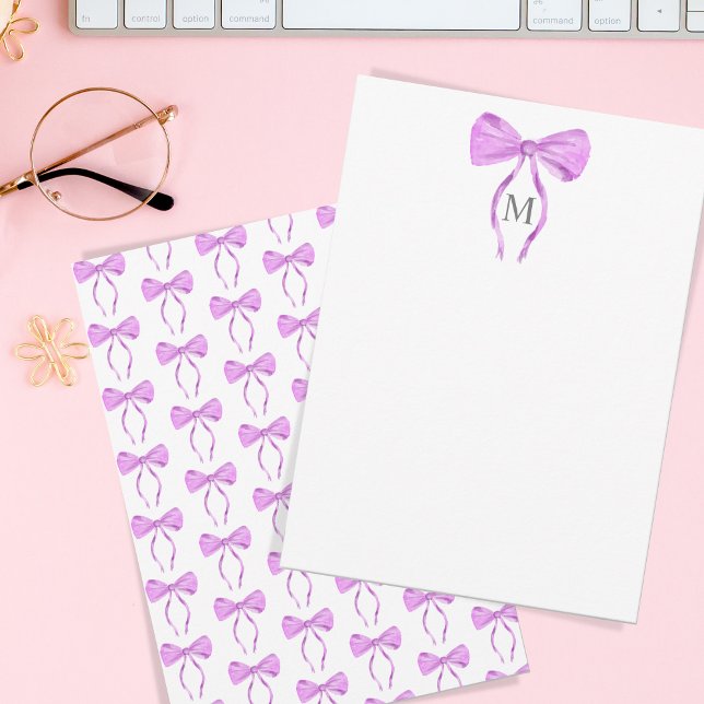 Modern Chick - vattenfärgsfält - Monogram Anteckningskort (purple watercolor bow)