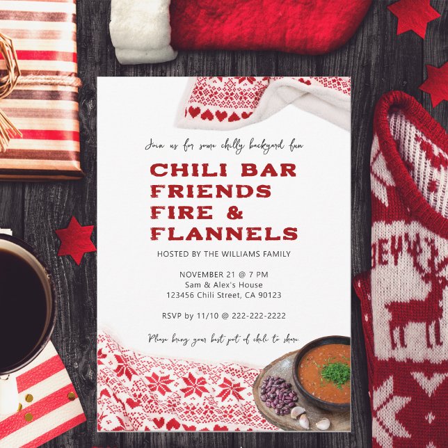 Modern Chili Vänner Flanell Vännersgivning Potluck Inbjudningar (Modern Chili Friends Flannel Friendsgiving Friendsmas Potluck Invitation Thanksgiving Christmas)