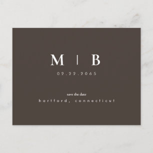 Modern Chocolate Brown Monogram Bröllop Spara Date Meddelande Vykort
