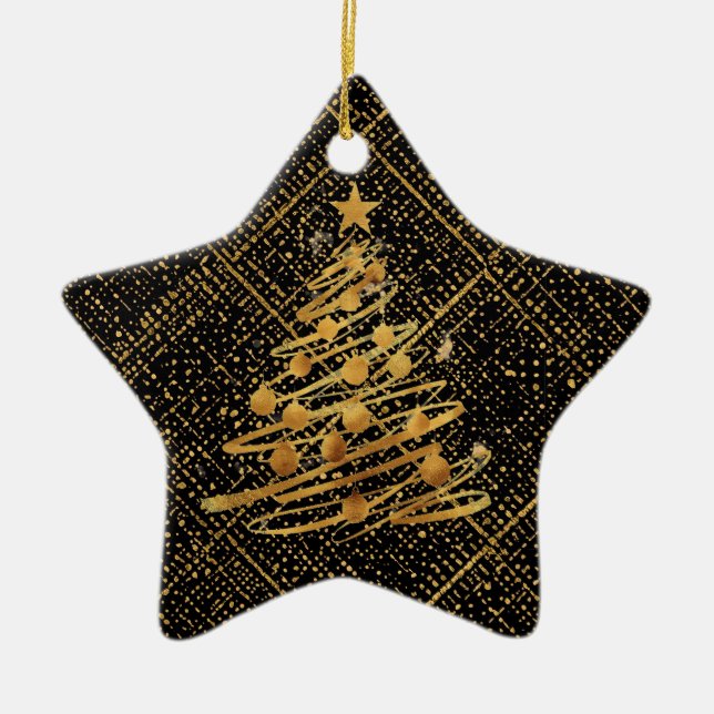 Modern, Chrismas Tree, Black Gold Cross Pattern Julgransprydnad Keramik (Framsidan)