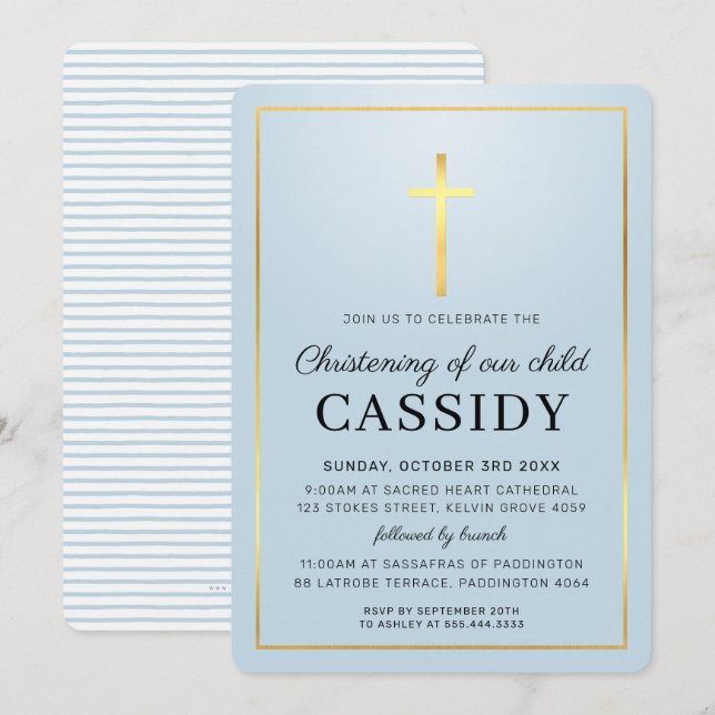 MODERN CHRISTENING guld foil kor baby blue Inbjudningar (Fram/baksida)