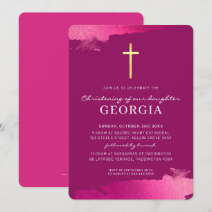 MODERN CHRISTENING guld foil kor mörk rosa Inbjudningar