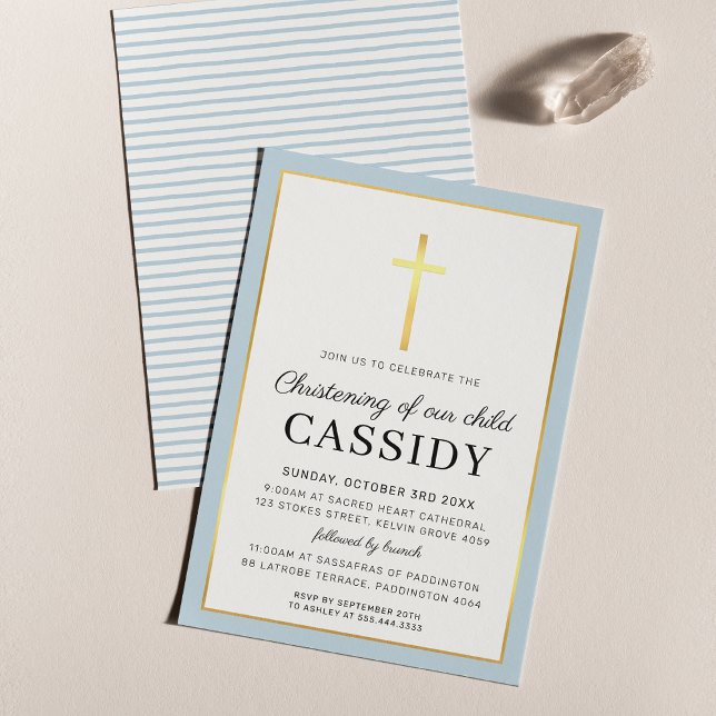 MODERN CHRISTENING guld foil kor söt baby blue Inbjudningar (Skapare uppladdad)