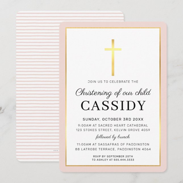 MODERN CHRISTENING guld foil kor söt  rosa Inbjudningar (Fram/baksida)