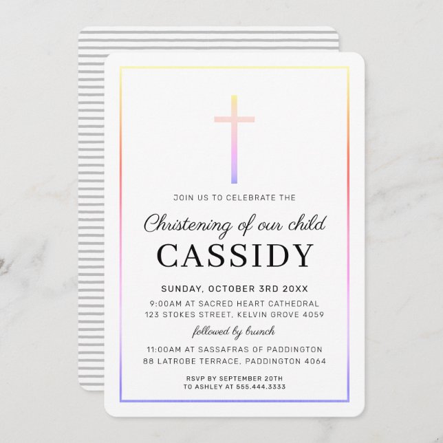 MODERN CHRISTENING guld kor enkel regnbåge Inbjudningar (Fram/baksida)