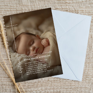 Modern Christening Kön Neutral fotobaptism Inbjudningar