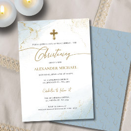 Modern Christian Blue Guld Kor Boy Christening Inbjudningar