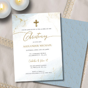 Modern Christian Blue Guld Kor Boy Christening Inbjudningar