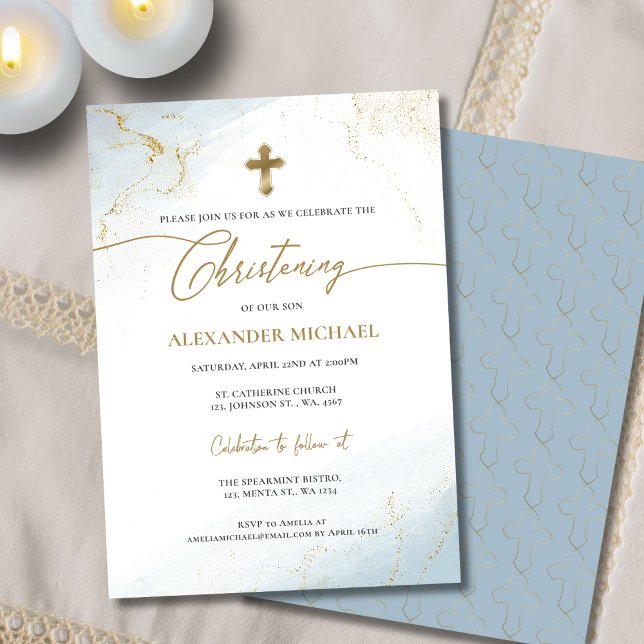 Modern Christian Blue Guld Kor Boy Christening Inbjudningar (Skapare uppladdad)