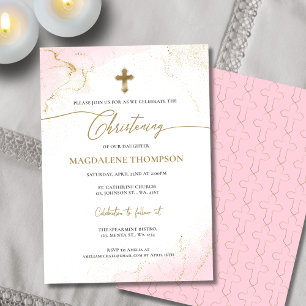 Modern Christian Rosa Guld Kor Girl Christening Inbjudningar