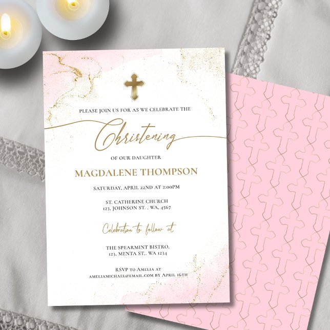 Modern Christian Rosa Guld Kor Girl Christening Inbjudningar (Skapare uppladdad)