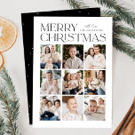 Modern Christmas 9 Photo Collage Julkort<br><div class="desc">Modern Christmas photo card featuring "Merry Christmas" displayed at the top of the design in trendy black lettering with a white background. A photo collage of 9 photos is shown below in a grid-style layout. Personalize the multi-photo Christmas card with your family name. The card reverses to display a black...</div>