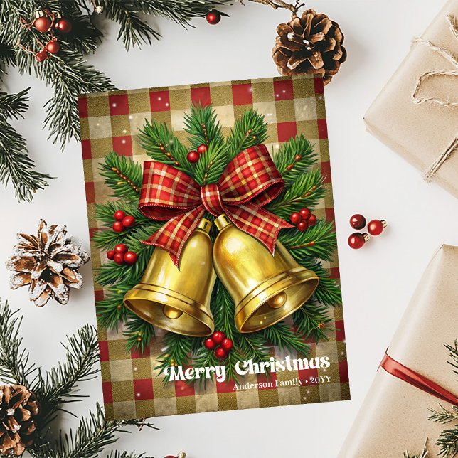 Modern Christmas bells holly wreath greeting desig Julkort (Modern Christmas bells holly wreath greeting desig Holiday Card)