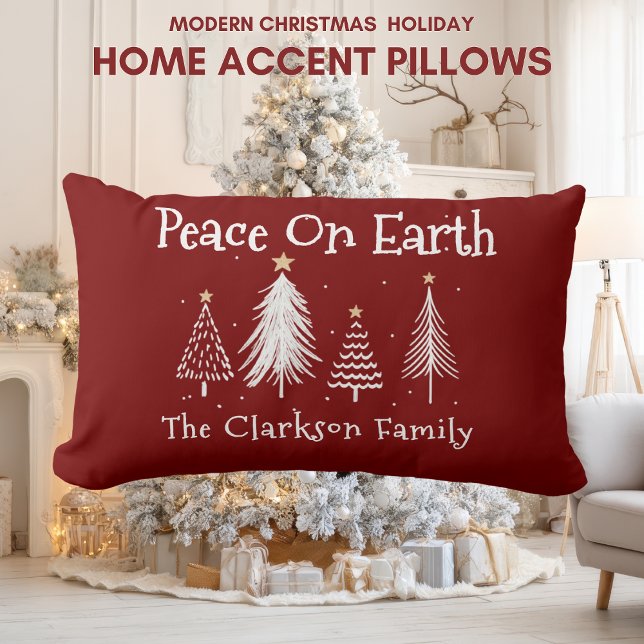 Modern Christmas - Family Name - Peace On Earth  Lumbarkudde (Modern Christmas Holiday - Family Name - Peace On Earth Lumbar Pillow)