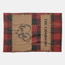 Modern Christmas Family Name Red Buffalo Plaid Kökshandduk
