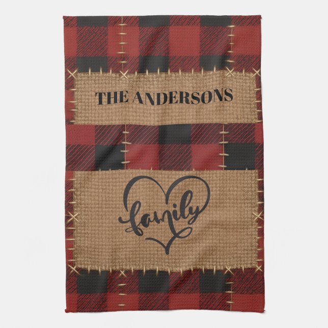 Modern Christmas Family Name Red Buffalo Plaid  Kökshandduk (Vertikal)