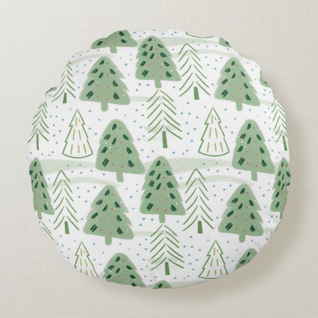 Modern Christmas Forest Olive green pattern Rund Kudde (Framsidan)