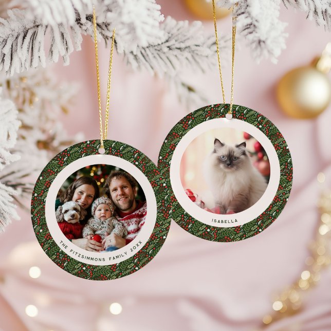 Modern Christmas Holly Foliage 2 Photos Julgransprydnad Keramik (Holly Leaf Christmas 2 photos ornament)