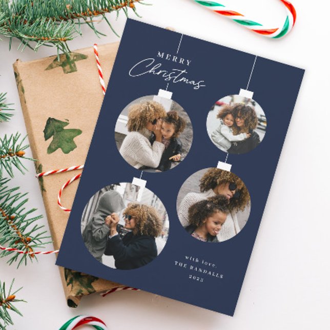 Modern Christmas Ornament 4 Photo Julkort (Blue and white 4 photo Christmas ornament holiday card.)