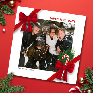 Modern Christmas Photo Card with Red Bows Julkort