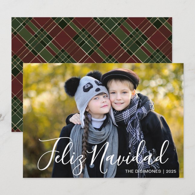 Modern Christmas Photo Feliz Navidad Plaid Julkort (Fram/baksida)