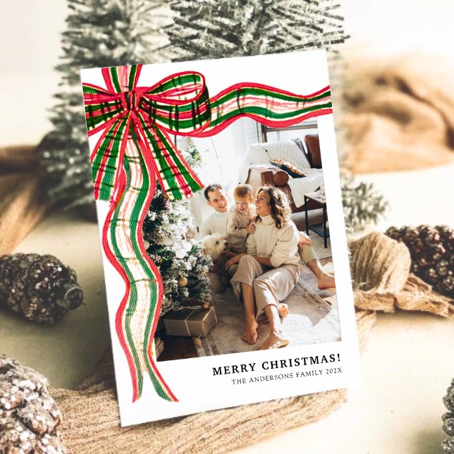 Modern Christmas Plaid Bow Family Photo  Holiday C Julkort (Modern Christmas Plaid Bow Family Photo Holiday C)