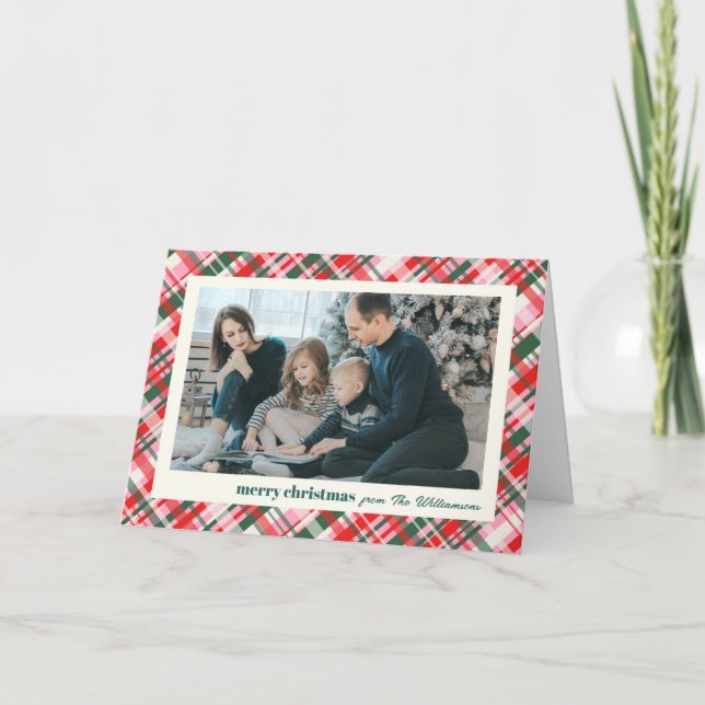 Modern Christmas Plaid Red Green Photo Folded Helgkort (Framsida)