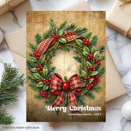 Modern Christmas rustic traditional pine wreath Julkort