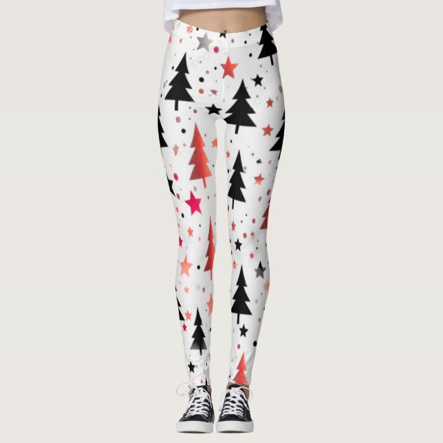 Modern Christmas Tree Pattern Leggings with Stars  (Framsida)