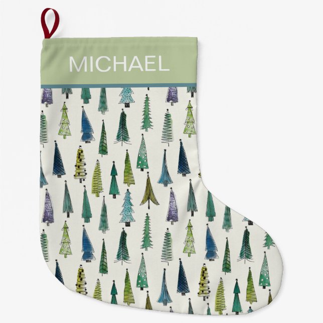 Modern Christmas Trees Pattern Personalised Stor Julstrumpa (Framsidan)