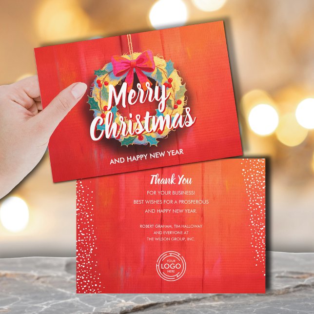 Modern Christmas Wreath Business Logo Julkort (Modern wreath Merry Christmas business logo greeting cards, PRINTED and/or INSTANT DOWNLOAD)