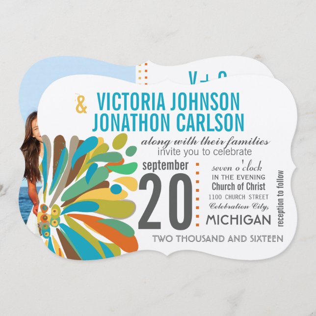 Modern Chrysanthemum Coral Gult Lime Blommigt Inbjudningar (Fram/baksida)