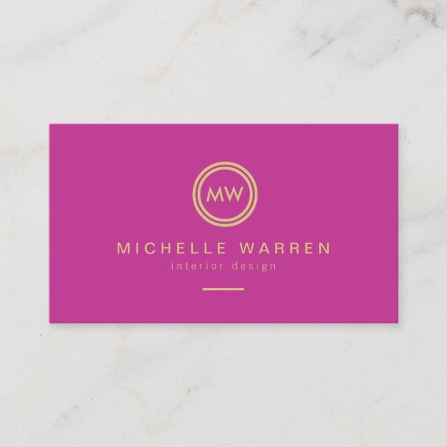 Modern Circle Monogram Initialer på Fuchsias Rosa Visitkort (Framsida)