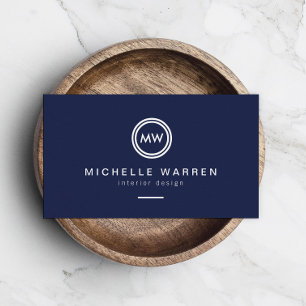 Modern Circle Monogram Initialer på Midnight Blue Visitkort