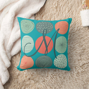 Modern Circle Mönster Mint Grönt Orange Monogram Kudde