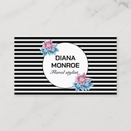 Modern cirkel, blommigt, svart och vit strimlad visitkort