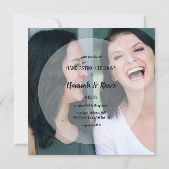 Modern cirkel - vit fotopatoverlay Handtag Inbjudningar (Framsida)