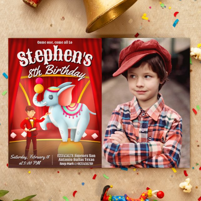Modern Cirkelfödelsedag med Foto Inbjudningar (Circus Birthday Landscape  Invitation with Photo)