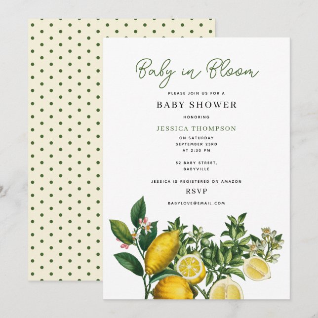 Modern citroner Gult Baby i Bloom Baby Shower Inbjudningar (Fram/baksida)