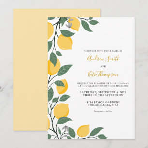 Modern citroner och Löv Calligraphy Bröllop Inbjudningar