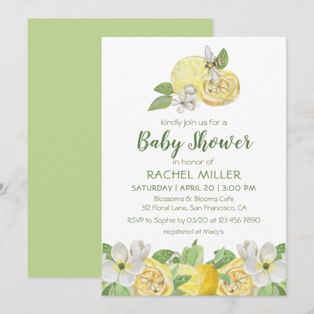 Modern citrus Blommigt Lemon Watercolor Baby Showe Inbjudningar (Fram/baksida)