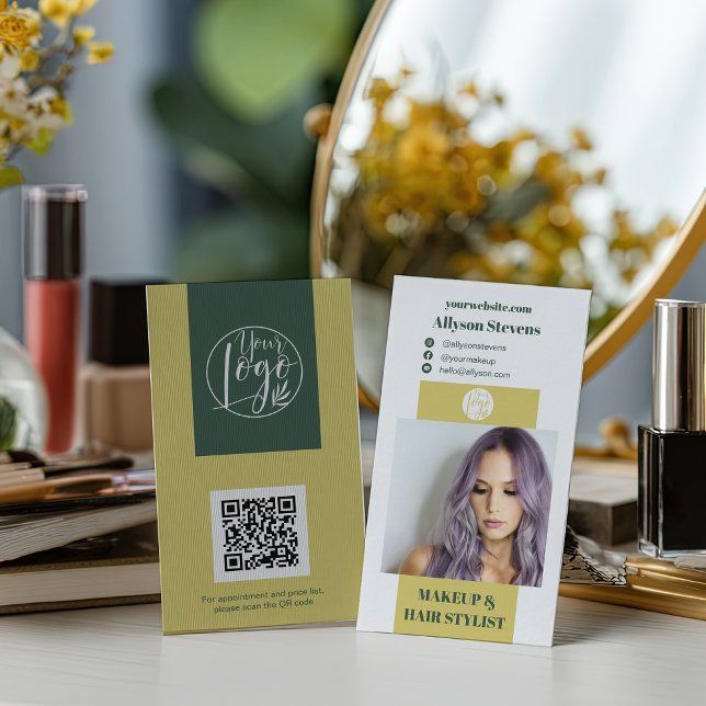 Modern Citrus Green Hair Stylist QR code Logo Visitkort (Modern Citrus Green Hair Stylist QR code Logo Business Card)
