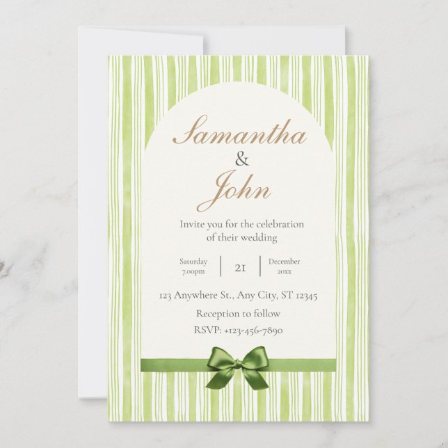 Modern Citrus Green Stripe Back Photo Wedding Inbjudningar (Framsida)