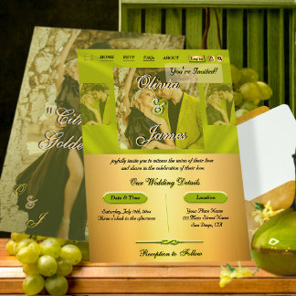 Modern Citrus Grön Guld Överlappande Foto Bröllop Inbjudningar